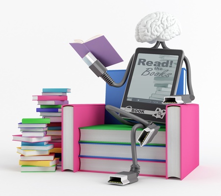 Character is sitting in the chair of the books and reading a bookの写真素材