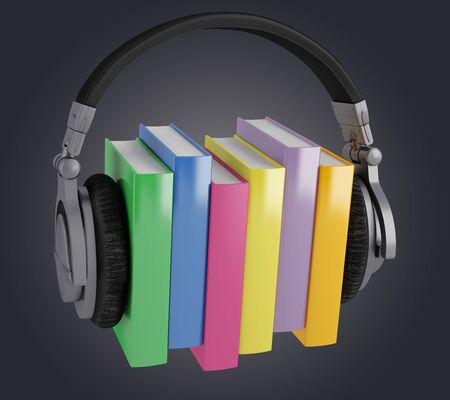 Headphones worn by the three colorful booksの写真素材