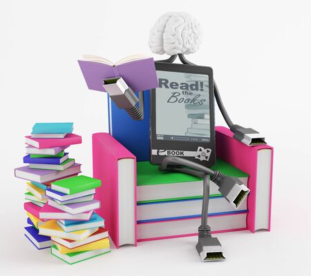 Character is sitting in the chair of the books and reading a bookの写真素材