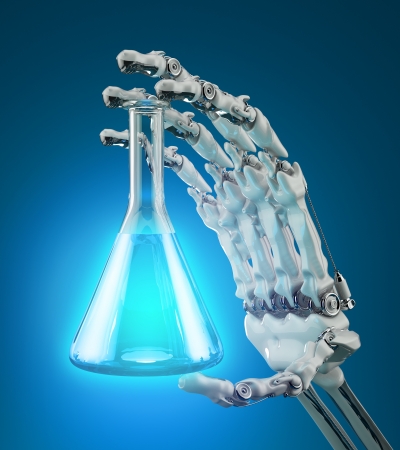 Chemical laboratory test tube in hand robotの写真素材