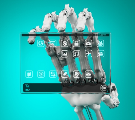 Robot holding a prototype handheld computerの写真素材