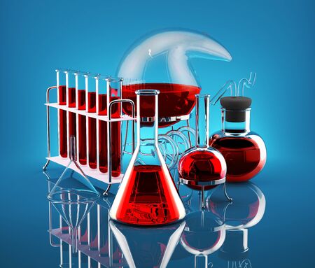 Laboratory flasks with reagents red on a blue background の写真素材