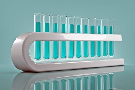  Test tubes with blue color reagents are ranked frontally の写真素材