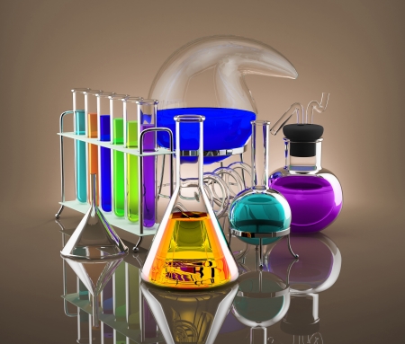 Various chemical vessels with colored chemicals symbolize scienceの写真素材