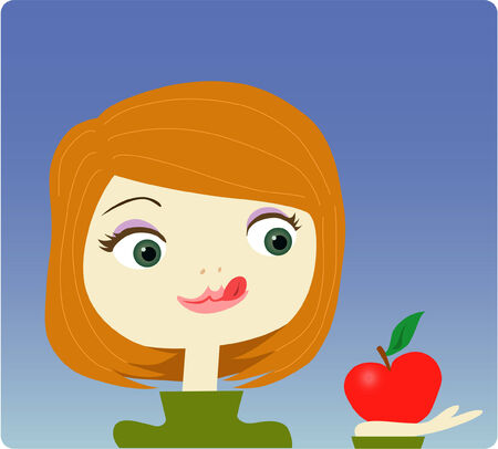 A girl looking a red appleのイラスト素材