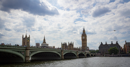 Landscape view of Westminster Bridge, Big Ben, Thames River and Houses of Parliament in London England.のeditorial素材