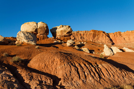 Twin Rocks at Capitol Reef National Park in Utah just before sunset.の写真素材
