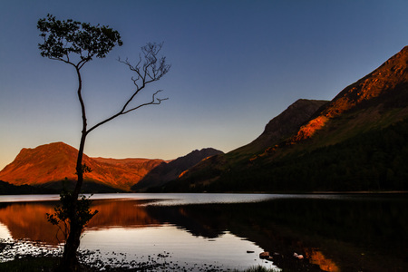 Magnificent sunset on glowing moutains with a mirror lake and a silhouetted birch tree in Buttermere Cumbria, England, UK.の写真素材