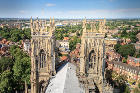 Incredible panoramic view of the city of York and the rooftop and spires of York Minster Cathedral In Yorkshire, England UK.の写真素材