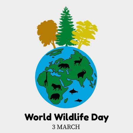 Vector illustration, promotion of World Wildlife Day, graphics for poster, banner, earth with animal and tree contours.のイラスト素材