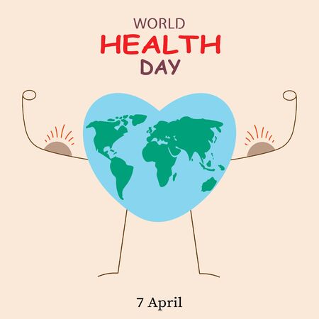 Vector illustration promoting World Health Day.Heart and earth icon in the shape of a healthy man with biceps. Element graphics and text for banner and poster. Abstract health concept.のイラスト素材