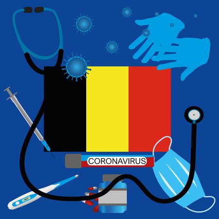 Vector illustration of a coronavirus epidemic in Belgium. Protective mask, gloves, medicines and medical equipment. Belgian flag and coronavirus blood sample. Coronavirus 2019-nCoV.Graphic element.のイラスト素材