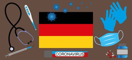 Vector illustration of a coronavirus epidemic in Germany.Protective mask, gloves, medicines and medical equipment.German flag and coronavirus blood sample.Coronavirus 2019-nCoV.Graphic element.のイラスト素材