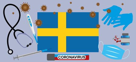 Vector illustration of a coronavirus epidemic in Sweden.Protective mask, gloves, medicines and medical equipment.Sweden flag and coronavirus blood sample.Coronavirus 2019-nCoV.Graphic element.のイラスト素材
