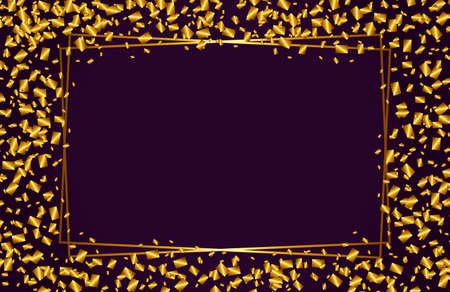 Vector graphics, delicate rectangles shiny gold frame with decorative glowing confetti, on a dark background.Design decoration, graphic element for greeting cards, invitation, poster, photo.のイラスト素材