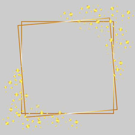 Vector graphics, delicate square shiny golden frame with glowing ornaments on a gray background.Design decoration, graphic element for greeting cards, invitation, poster, photo.のイラスト素材