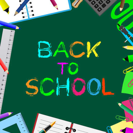 Back to school concept.Vector illustration of school accessories, school supplies on green background and text.graphic elements for poster or website banner.のイラスト素材