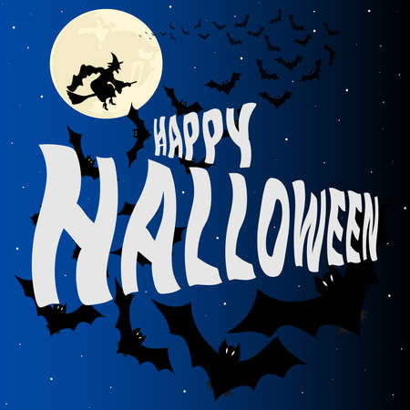 Halloween night vector illustration.Background with Happy Halloween lettering.Night, moon and bats.Graphic element for banner, greeting cards, invitation, poster or website.のイラスト素材