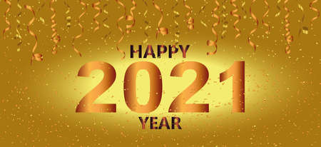 Golden Happy 2021 New Year.Holiday vector illustration, golden confetti and ribbons on a gold background.Graphic element for banner, greeting cards, invitation, poster or website.のイラスト素材