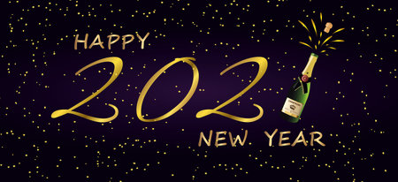 Golden Happy 2021 New Year, golden confetti, champagne on a dark background.Holiday vector...