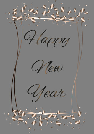 Happy New Year vector illustration, frame with inscription and confetti on a gray background.Graphic element for banner, greeting cards, invitation, poster or website.のイラスト素材