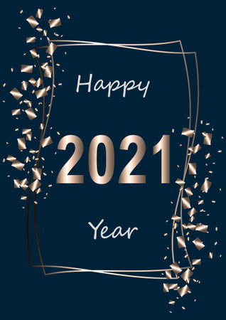 Happy New Year vector illustration, frame with inscription and confetti on a dark background.Graphic element for banner, greeting cards, invitation, poster or website.のイラスト素材