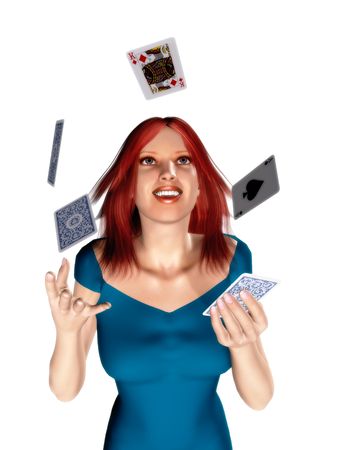 A woman with red hair throwing cards in the air.のeditorial素材