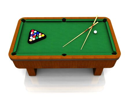 A billiard table with balls in a triangle and two cues.