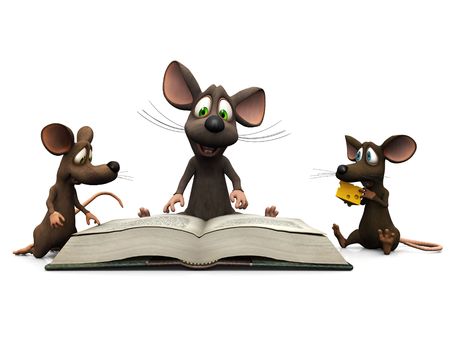 An adult cartoon mouse reading a story for two mice kids.の写真素材