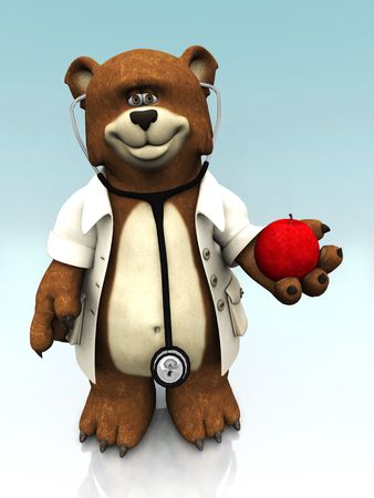 A cartoon bear dressed as a doctor and holding an apple in his hand.の写真素材