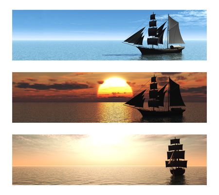 A collection of three banners with merchant ships at sea.