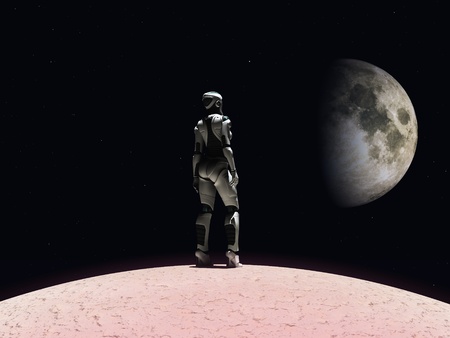 An android woman standing on a planet and gazing out in space. Stars and a planet in the background.の写真素材