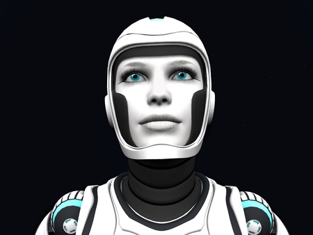 The face of an android woman, gazing out in space. Stars in the background.