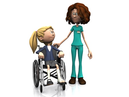 A cartoon nurse standing beside a young girl sitting in a wheelchair. The girl has a broken leg. White background.の写真素材