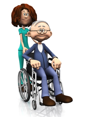 A cartoon nurse helping an elderly man in wheelchair. White background.の写真素材