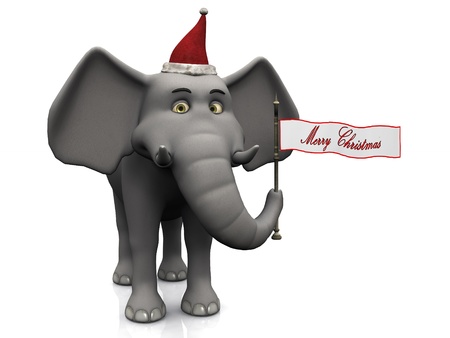 A cute cartoon elephant holding a flag with the words Merry Christmas on  White background の写真素材