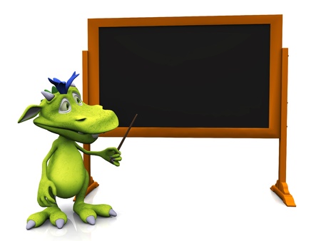 A cute cartoon monster pointing at an empty blackboard with a pointer  White background の写真素材