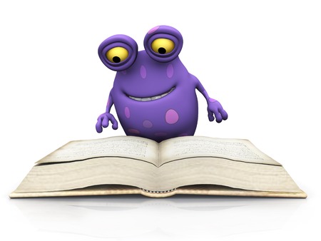 A cute charming cartoon monster sitting on the floor and reading a big book. The monster is purple with big spots. White background.の写真素材