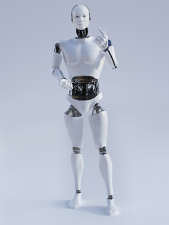 Male robot doing a presentation, image 2. Grey background.の写真素材