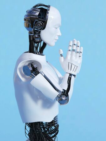 Side view of a male robot doing a namaste greeting, image 3. Blue background.