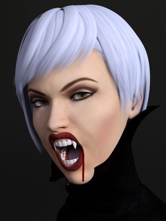A portrait of a female vampire showing her fangs. Blood is dripping from her mouth. Dark background.の写真素材