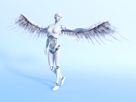 A female robot with big white wings - a cyberangel. Bluish background.の写真素材