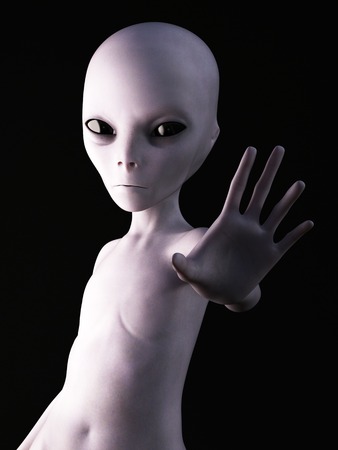 Alien holding its hand up like it's greeting you. 3D rendering. Black background.の写真素材