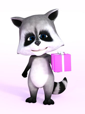 A cartoon raccoon looking really cute and holding a birthday gift in its hand, 3D rendering. Pink background.の写真素材
