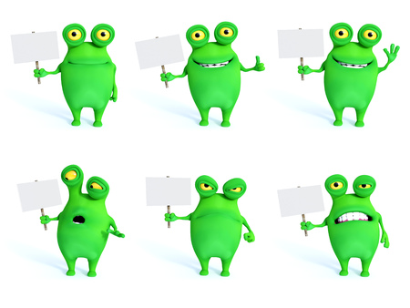 Collection of charming green monsters in different moods and poses holding blank signs, 3D...