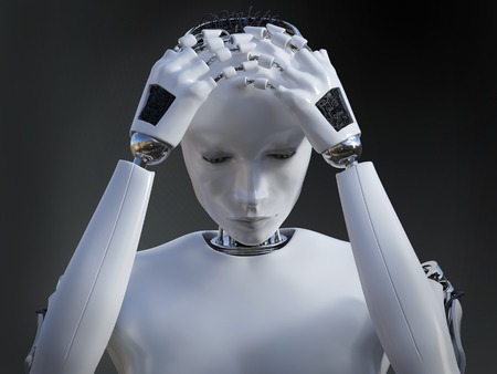 3D rendering of a female robot looking very sad. Dark background.の写真素材