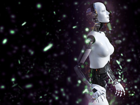 3D rendering of a female robot with bokeh light effect.の写真素材