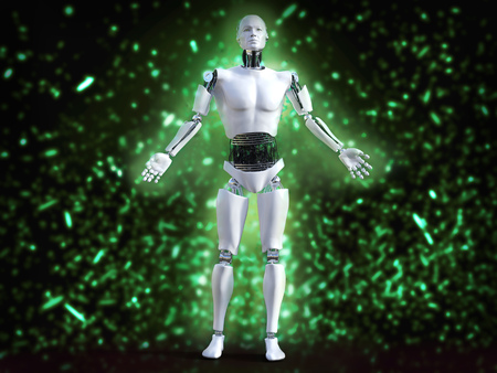 3D rendering of male robot standing with his arms out and with green bokeh light effect.