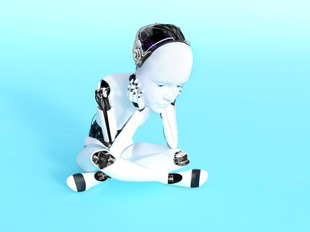 3D rendering of a robot child sitting on the floor and thinking. Bluish background.の写真素材