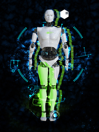 3D rendering of male robot body technology concept. Black background.の写真素材